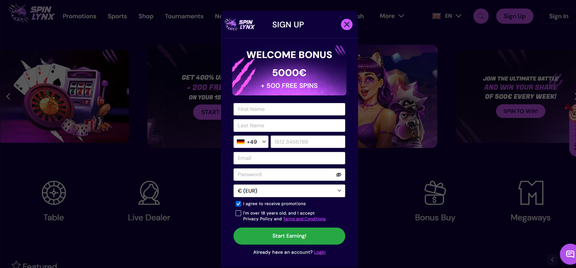 SpinLynx Casino Login and Registration